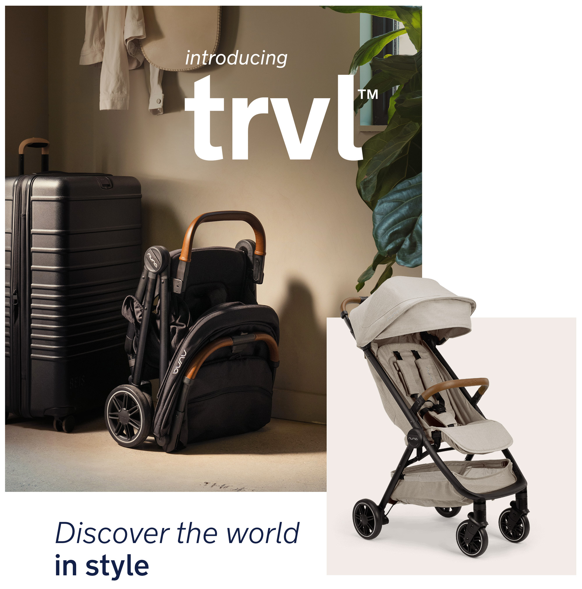 Introducing TRVL, Discover the world in style. Nuna's compact travel stroller is available in Caviar and Hazelwood.